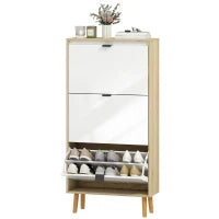 Scarpiera Stretta con 3 Porte in Bianco Lucido Ripiani Regolabili Gambe in Legno per 18 Paia di Scarpe, Bianco