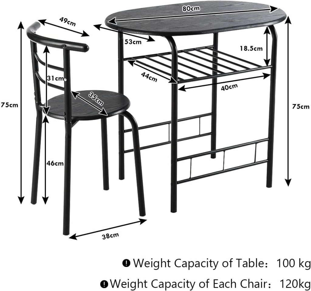 Set di 3 Pezzi da Giardino, Set Tavolo e Sedie, Tavolo con 2 Sedie, Set Mobili da Esterno, Ideale per Cucina, Balcone, Caffetteria, Giardino e Terrazza, Moderno (Nero)