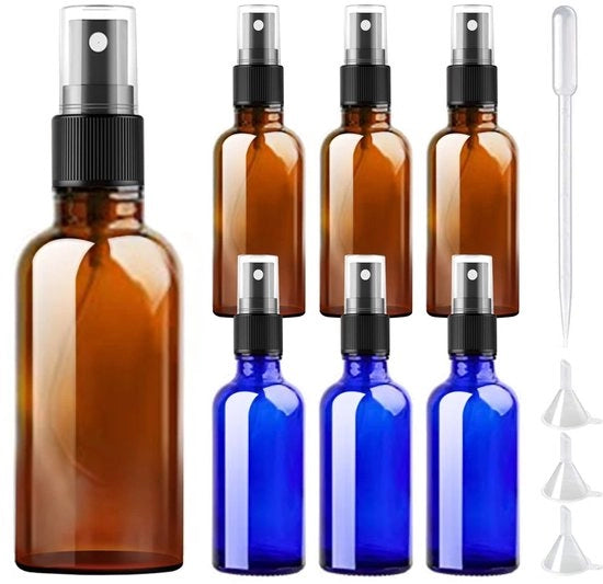 Set di 6 flaconi spray 100 ml in vetro di vetro bruno UV-sicuro - Misto fine - Dispersore cosmetico - Protezione da graffi - Bacchetta di silicone