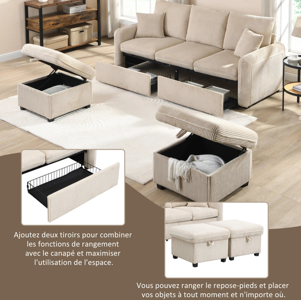 Divano 3 posti modulare con 2 pouf contenitore; tessuto cord beige; 188x186x86 cm