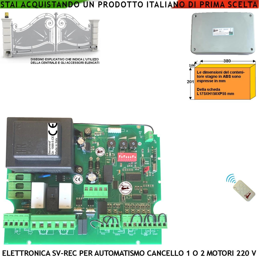 Centrale Comando Cancello 1-2 Ante Battenti 230 V Con Ricevente Radio 433,92 MHz Radiocomando R.C. Selezione Funzione Luce Cortesia Apertura Condominiale e Pedonale Universale Programma Apprendimento