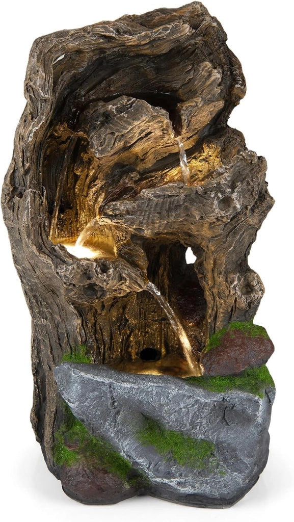 Fontana a Cascata, Fontana da Esterno con Illuminazione LED, Pompa e Muschio Artificiale, Ornamento Cascata in Stile Roccia per Cortile, Balcone e Salotto, 30,5 x 26 x 53 cm