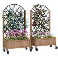 Set da 2 Letti Rialzati con Ruote, Griglia di Supporto, Fioriera a Traliccio in Legno 152x25x97cm Marrone