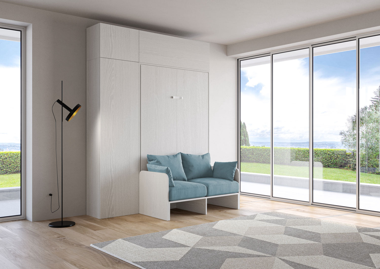 Letto Una Piazza E Mezzo A Scomparsa 120 Kentaro Con Divano E Mobili Bianco Frassino e Azzurro