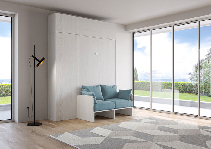 Letto Una Piazza E Mezzo A Scomparsa 120 Kentaro Con Divano E Mobili Bianco Frassino e Azzurro