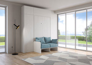 Letto Matrimoniale Francese A Scomparsa 140 Kentaro Con Divano E Mobili Bianco Frassino e Azzurro