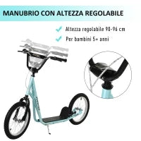 Monopattino con Manubrio Regolabile, Ruote Grandi, 2 Freni e Telaio in Acciaio, Azzurro, 139x58x90-96cm Max 100kg