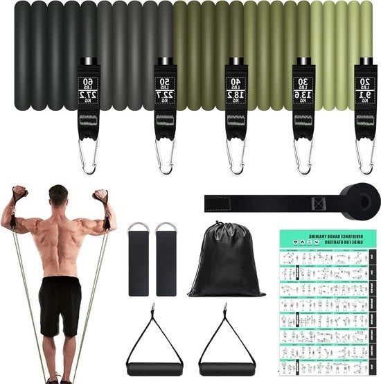 Set di Cinture di Resistenza 200LBS - 5 Cinture di Resistenza - 2 Maniglie - 2 Cinture Singole - 1 Ancoraggio - 1 Borsa di Stoccaggio - 1 Guida di Allenamento