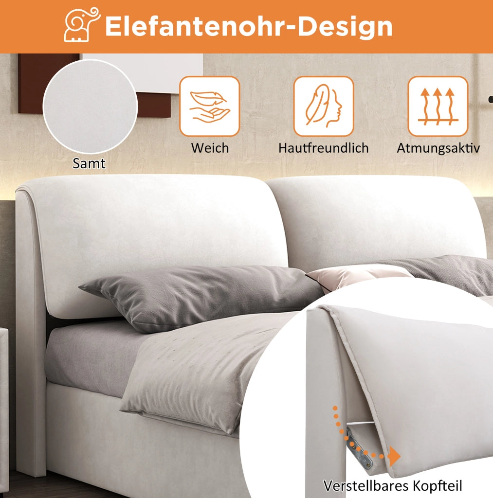 Letto imbottito 180x200 cm beige in velluto con contenitore