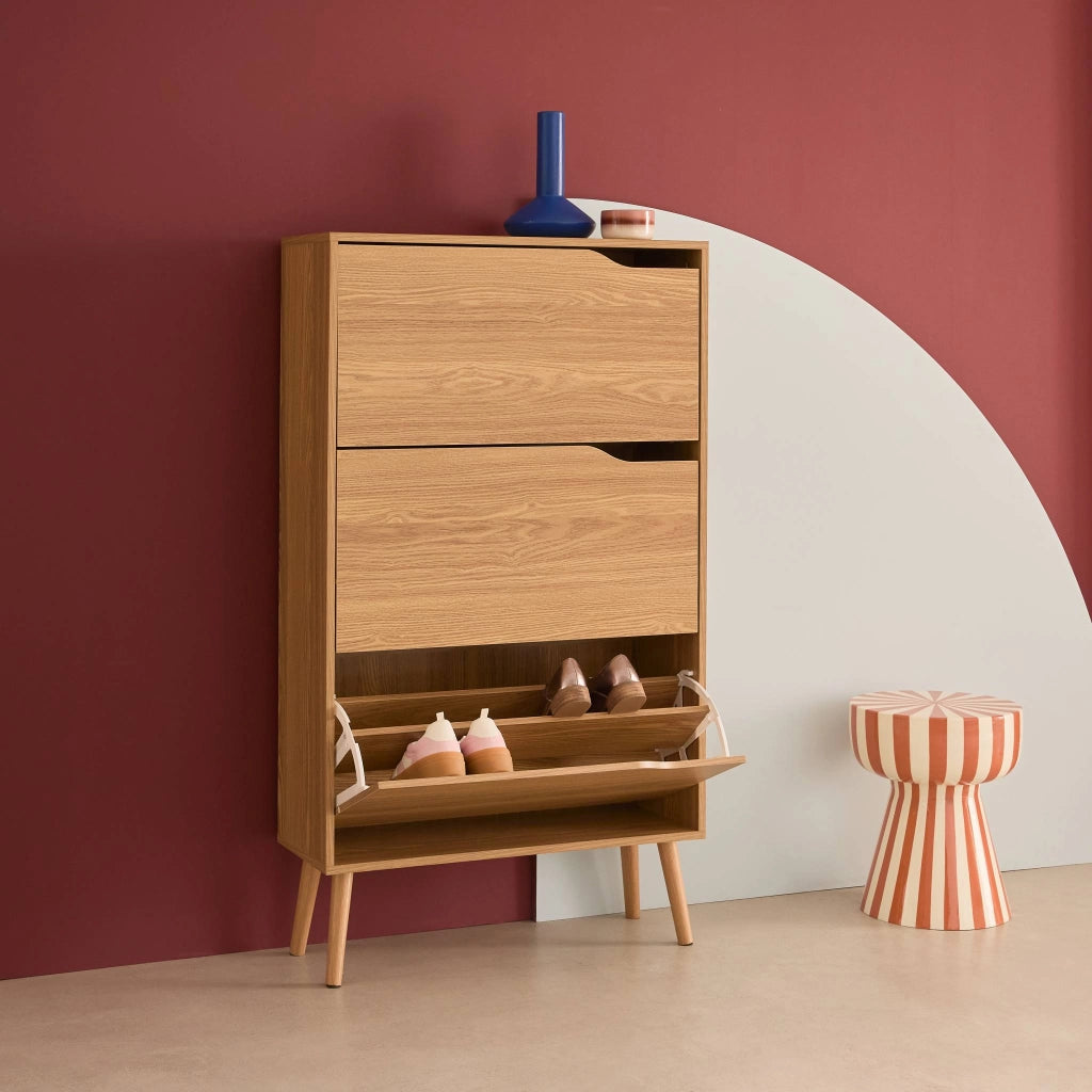 Scarpiera con decoro in legno, 3 ante, marrone naturale