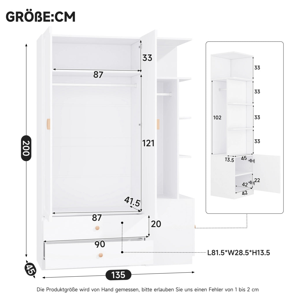 Armadio guardaroba bianco 200 x 135 x 45 cm con 2 aste e 2 cassetti