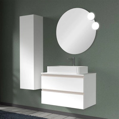 Mobile bagno sospeso 80 cm bianco opaco con top e specchio tondo Master