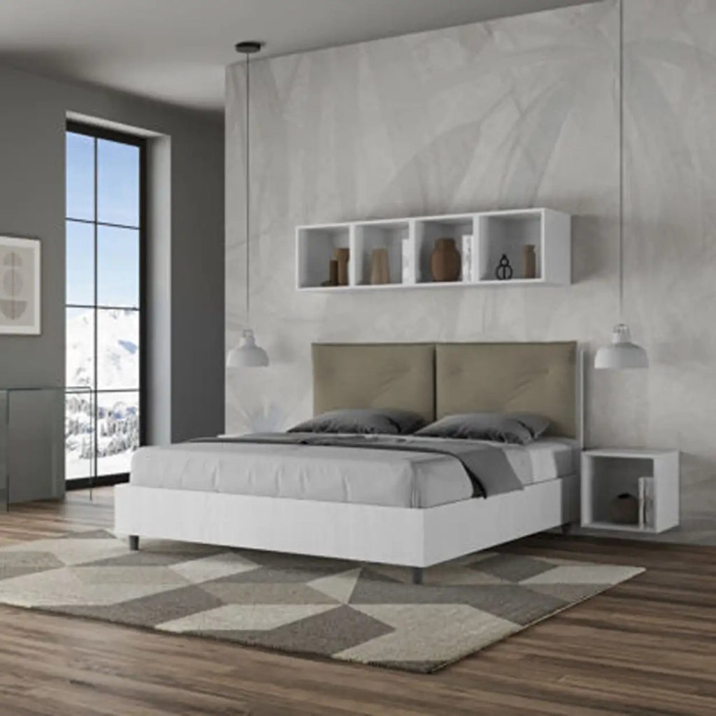 Letto matrimoniale con rete 160x190 bianco frassino cuscini similpelle cappuccino Egos Appia