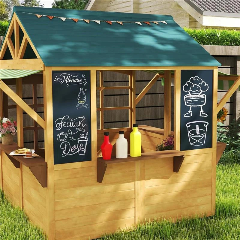 CASETTA PER BAMBINI 3-8 ANNI CON 5 FINESTRE E 2 LAVAGNE IN LEGNO DI ABETE 173X117X144 CM MARRONE E BLU