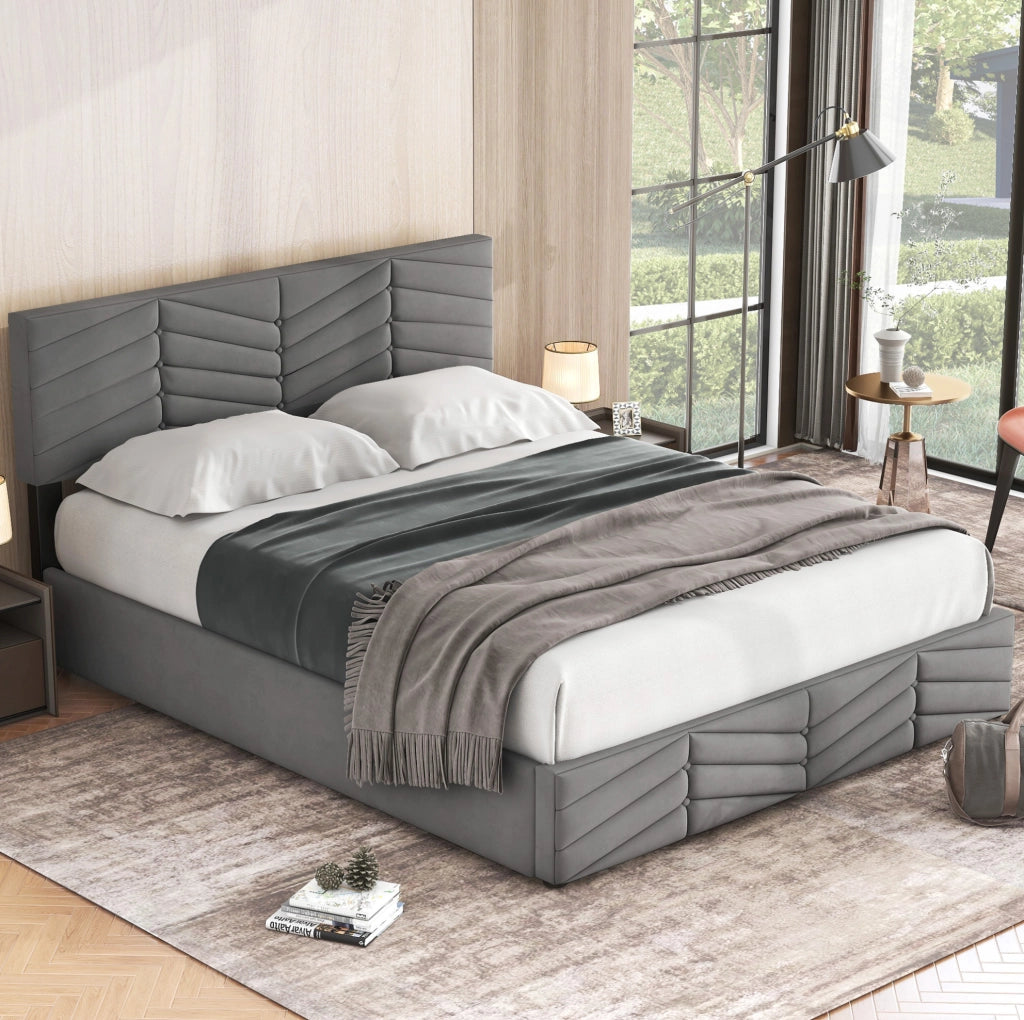 Letto matrimoniale imbottito 140x200 cm in velluto grigio con testiera regolabile e contenitore