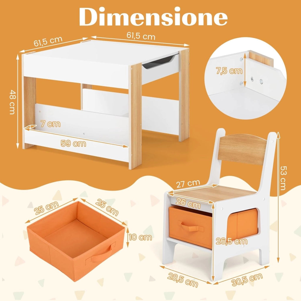 Set Tavolino Bambini con 2 Sedie per 3+ Anni, Tavolo e Sedie 4 in 1 con Lavagna Rimovibile, Librerie e Scatola in Tessuto, Mobile Salvaspazio per Scuola e Cameretta (Naturale, Stile 1)