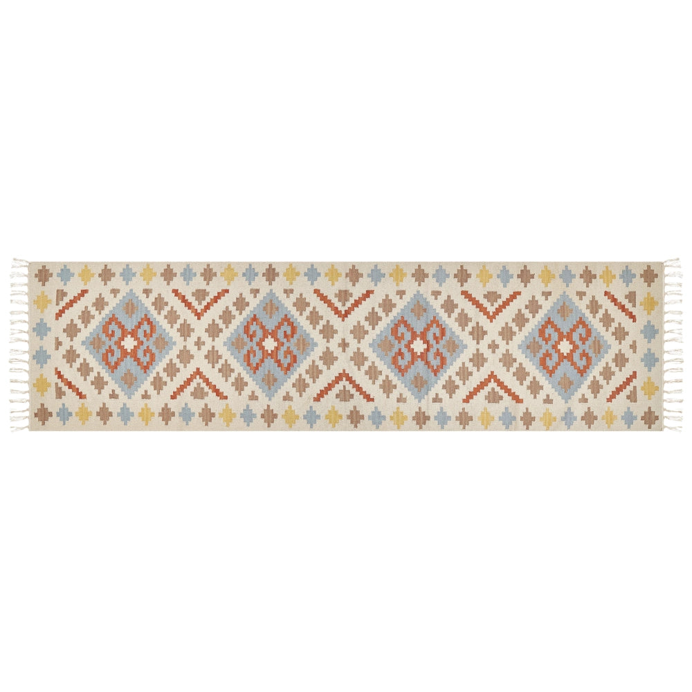 Tappeto Kilim in cotone multicolore 80 x 300 cm a pelo basso con motivi geometrici e frange Rettangolare Tradizionale