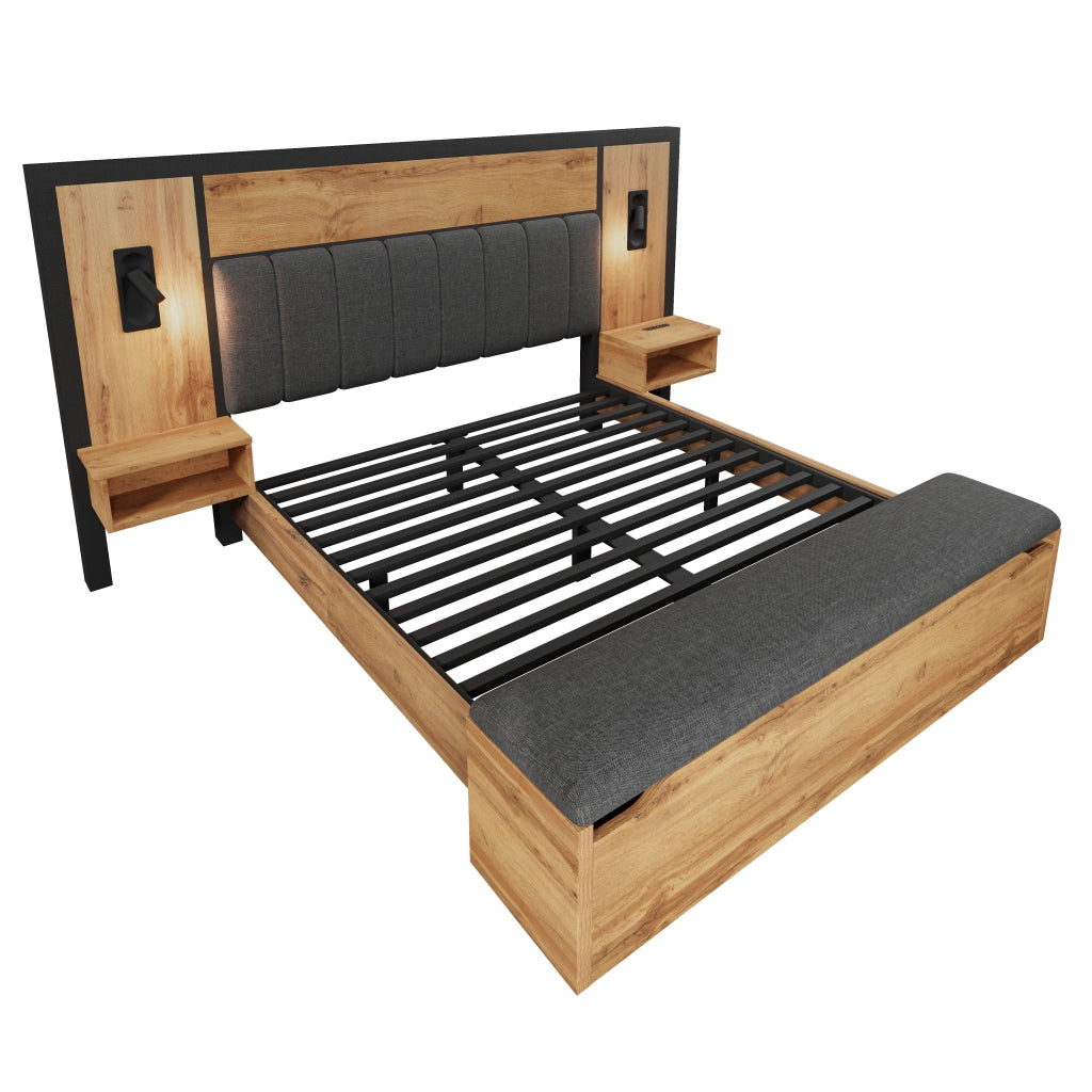 Letto Matrimoniale 2 Posti con Panca Contenitore; Luci da Lettura; USB e Comodini; 160×200 cm; senza Materasso