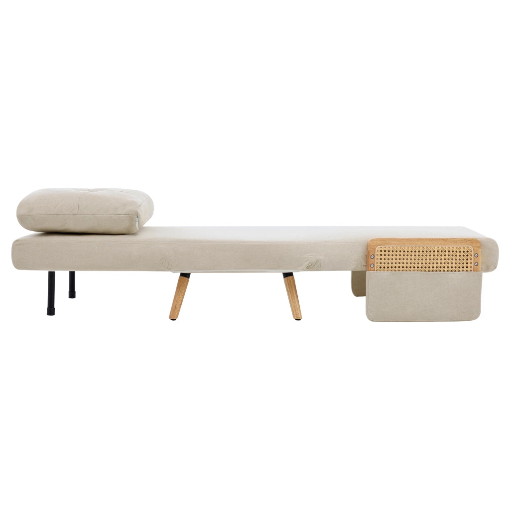 Poltrona letto 3 in 1 - con schienale reclinabile e braccioli in rattan - in lino beige