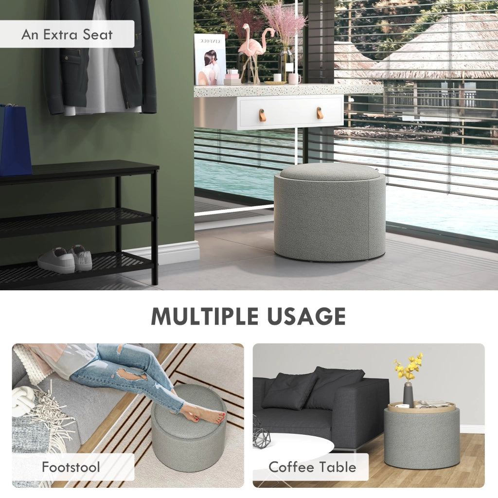 Pouf Contenitore Effetto Lino da 120 kg max 56x56x42 cm con Vassoio a Ribalta in MDF Grigio