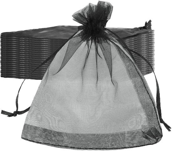 Confezioni in Organza 200 Unità - Nero - 9 x 12 cm - Cadeau con Scatola - Mini Confezione Regalo - Cordino - Ideale per Gioielli