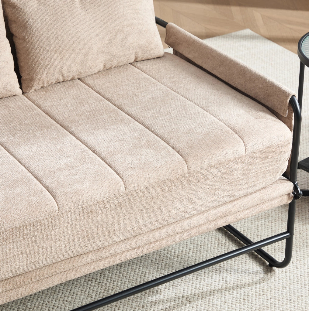Divano letto 2 posti trasformabile in chenille kaki con struttura in metallo; 104x85x92 cm