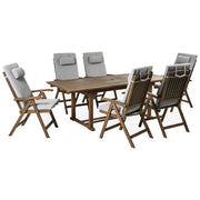 Set da giardino con 6 sedie in legno di acacia marrone scuro con cuscini grigio chiaro in stile rustico con cuscini