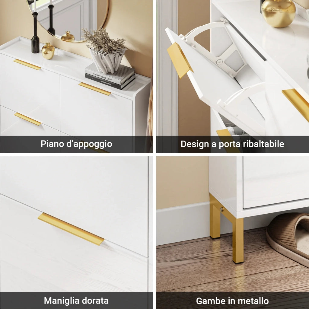 SoBuy FSR206-GW Scarpiera Salvaspazio Slim Ingresso - Mobile Scarpiera Bianca con 4 Ante a Ribalta, Profondità 19 cm, Design Nordico con Finitura Lucida e Maniglie Dorate, 100x19x90cm