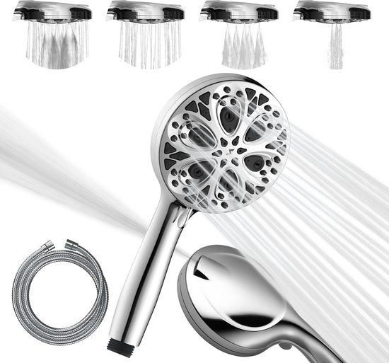 Douchekop con alta pressione con 10 gettoni - Maniglia da doccia a 5" con alta circolazione e getti ad alta pressione - Incluso tubo in acciaio inox (lucido cromato)