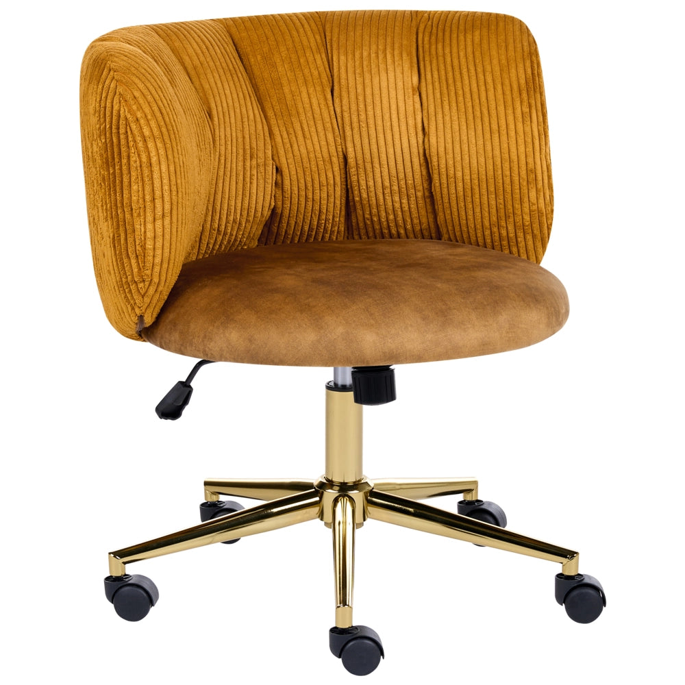 Sedia da scrivania per l'ufficio domestico in velluto a coste color senape con base girevole in ferro, schienale reclinabile, regolazione in altezza, stile retrò