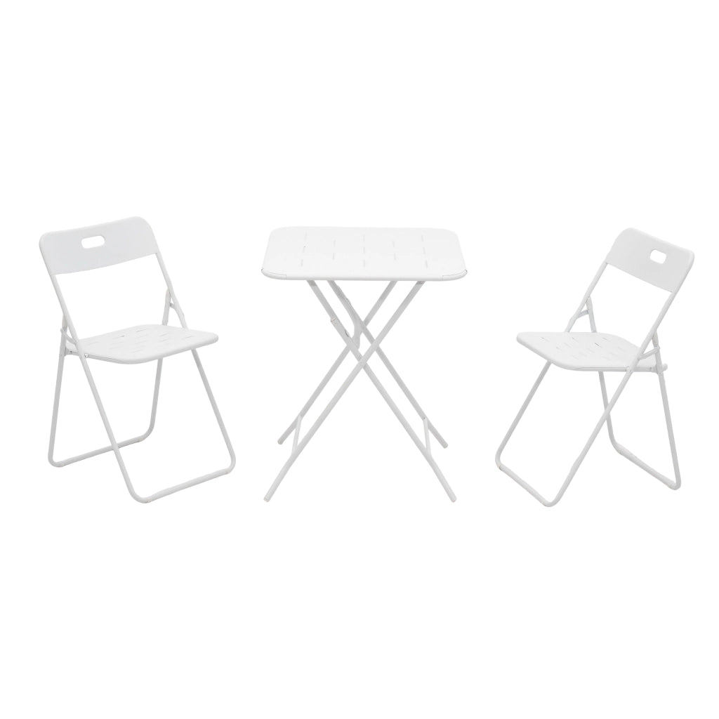 Set Tavolo e Sedie da Giardino con 1 Tavolo Pieghevole e 2 Sedie Pieghevoli; per 2 Persone; Acciaio; Bianco
