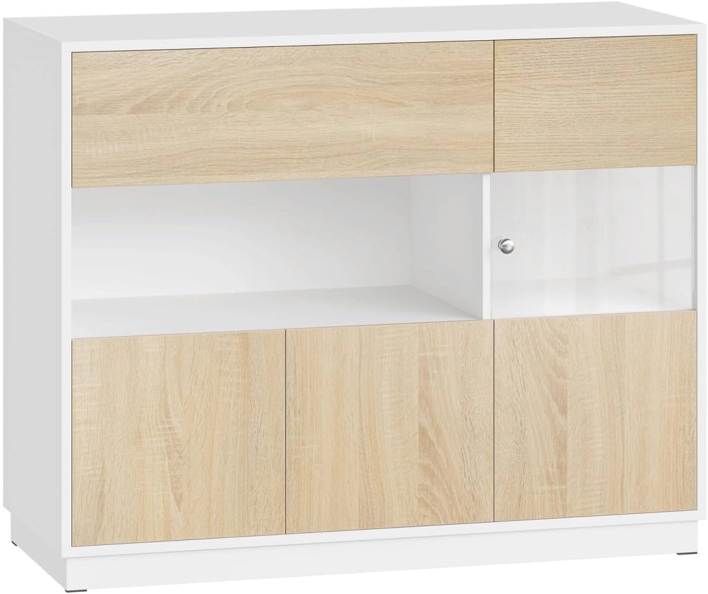Credenza Cucina con Cassetto e Scomparti Aperto e Chiusi, Mobile Buffet con 1 Anta Trasparente, per Soggiorno, Cucina, in Legno, 100x40x80 cm, Rovere Chiaro+Bianco