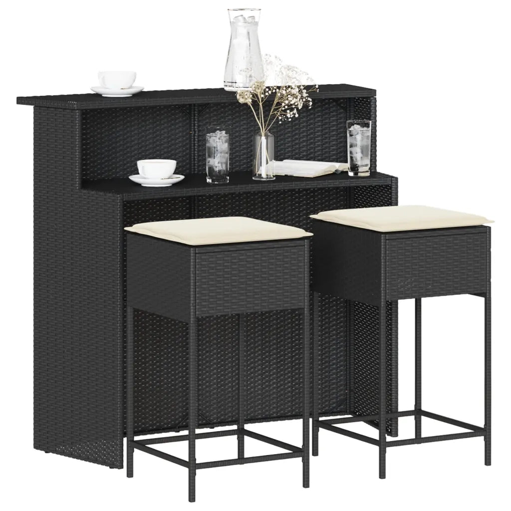 Set Bar da Giardino 3 pz | Set Salotto da Giardino con Cuscini in Polyrattan Nero