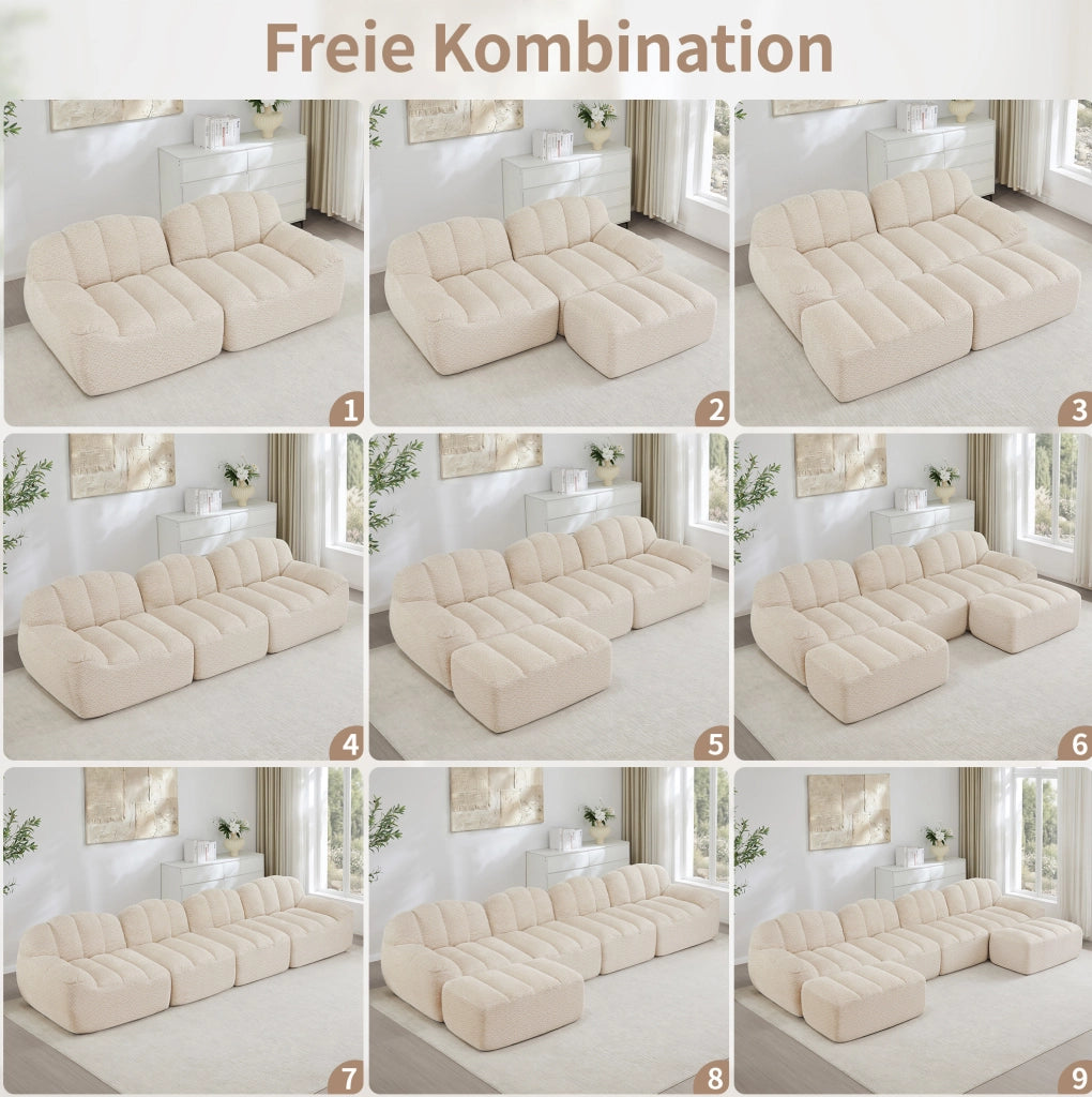 Divano modulare 2 posti 210x104x79 cm in tessuto fleece granulato; beige white