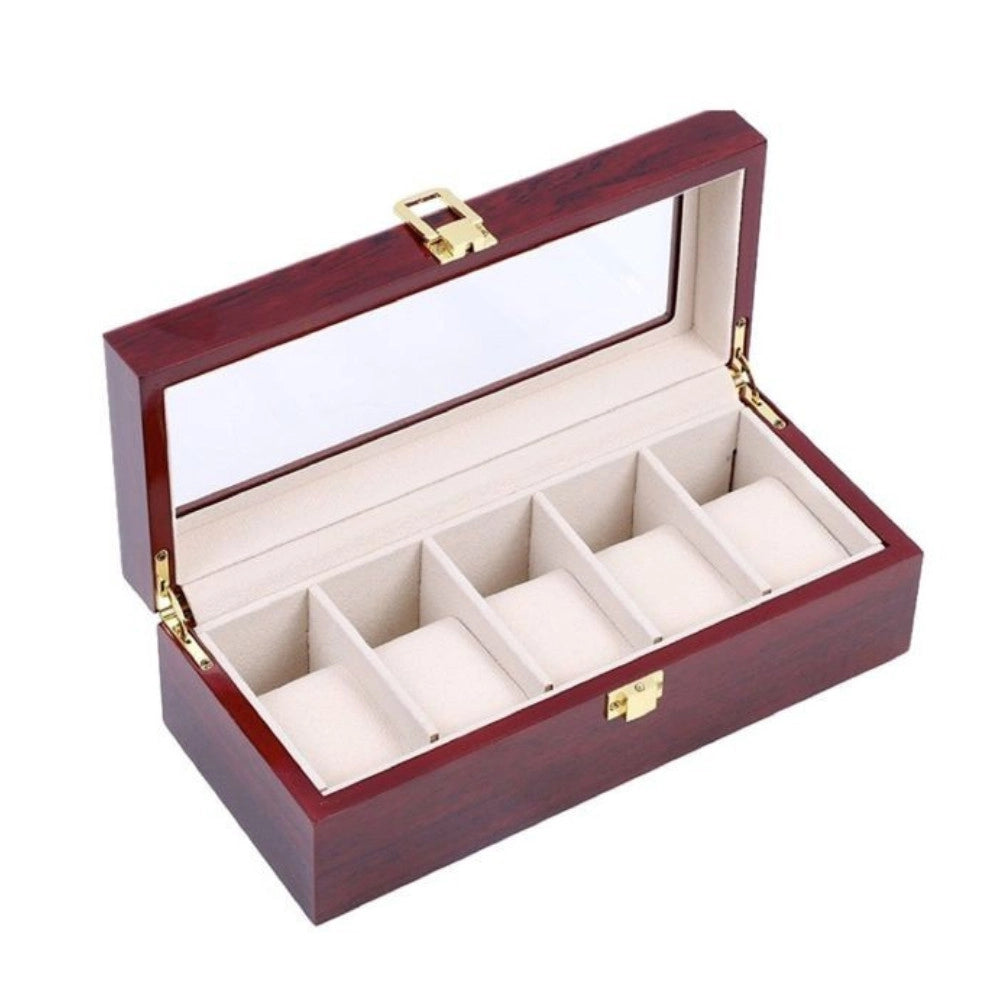 Trade Shop - Scatola Porta Orologi 5 Posti In Legno Con Vetro Custodia Elegante Effetto Lusso -