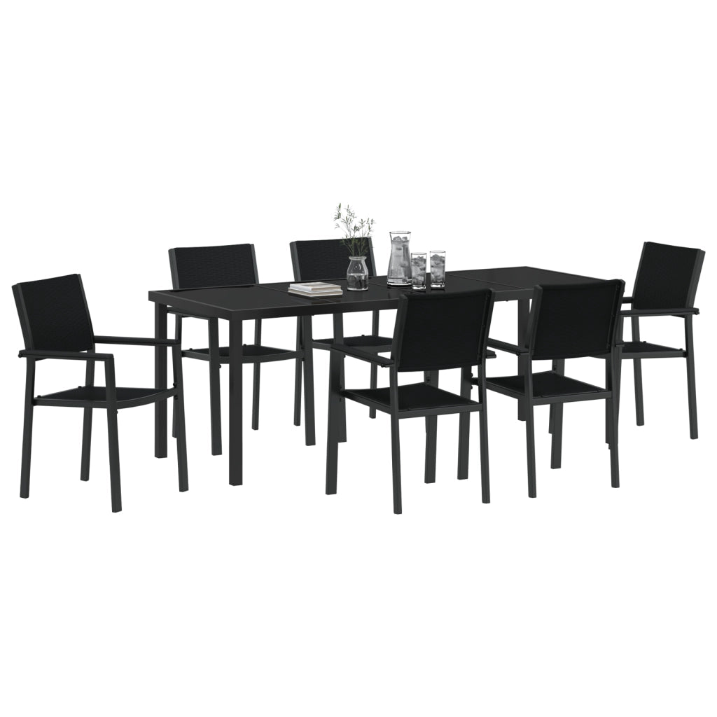 Set da Pranzo per Giardino da 7 Pezzi Nero in Polyrattan