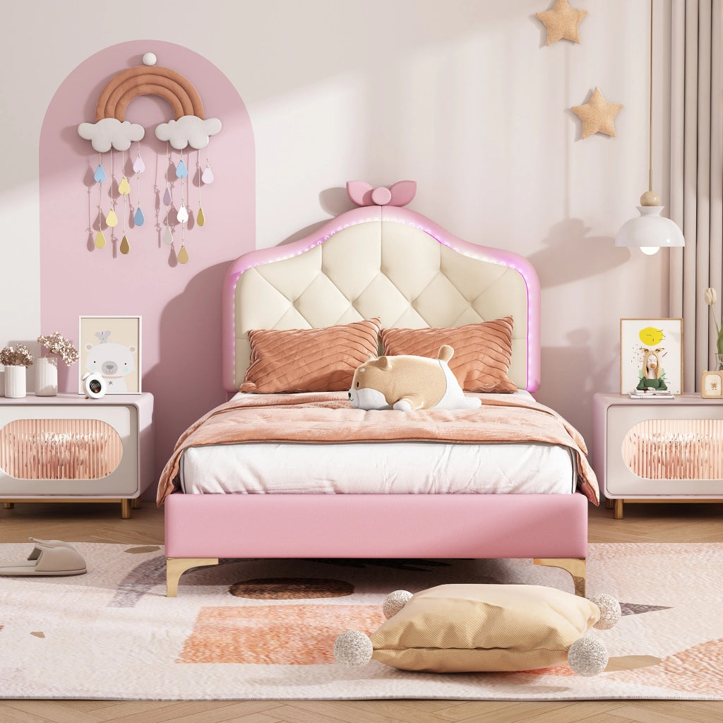 Letto singolo 90×200 cm; con testiera ondulata; fiocco rosa e LED multicolore; senza materasso; in pu bianco e rosa