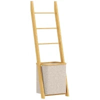 Mobile da Bagno in Bambù con Porta Asciugamani a 3 Barre e Cesto per Biancheria Sporca Rimovibile da 48 L, Crema