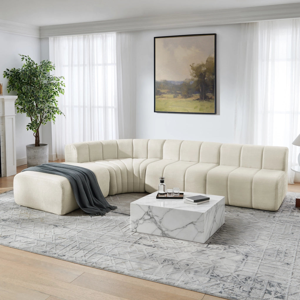 Divano angolare 4 posti beige in chenille; moduli componibili