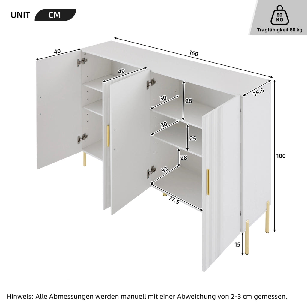 Credenza multifunzionale bianca opaca 160x35x100 cm in pannello truciolare con dettagli dorati