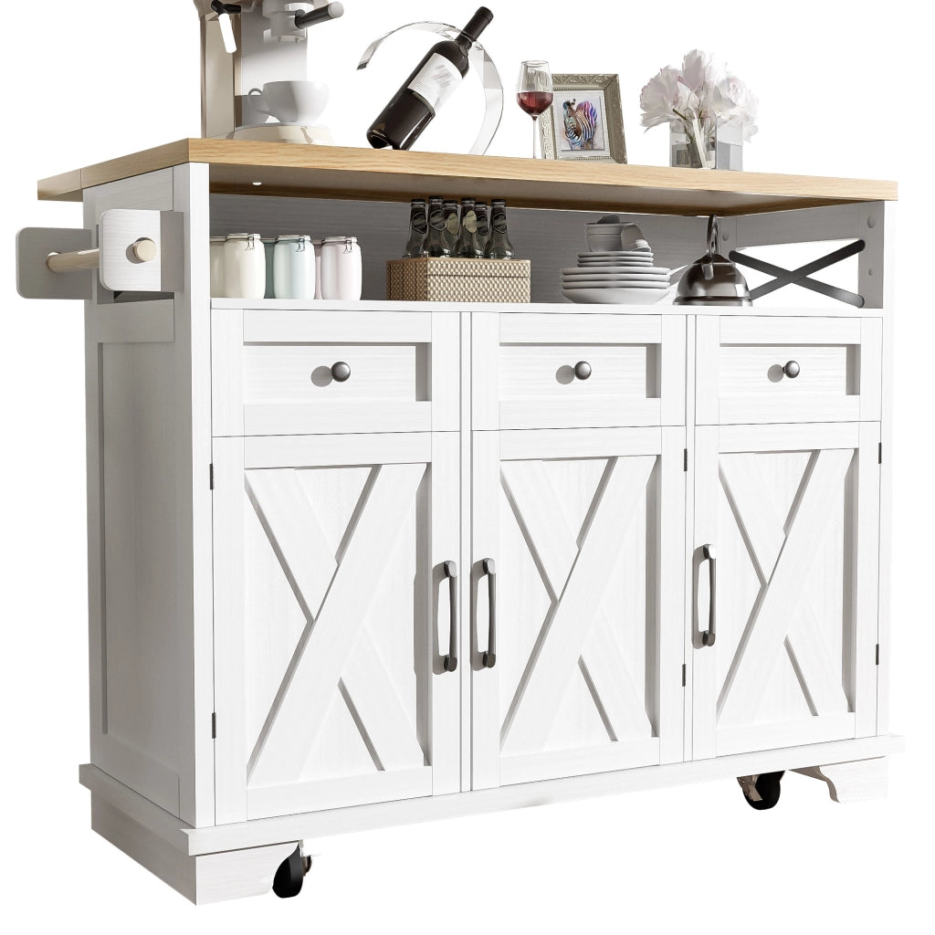 Carrello da cucina con 3 Cassetti; Piano Ribaltabile; Portasciugamani e Ruote; 118 x 43 x 98 cm; Bianco