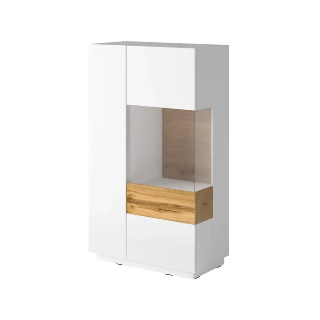 Credenza alta collezione KILES con due porte. Colori bianco e rovere. Porta a vetro a destra.