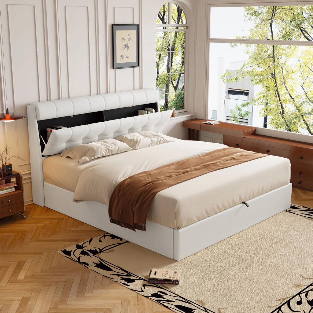 OKWISH Letto Contenitore 160×200 cm, Letto Matrimoniale con Vano Nascosto, Alzata Idraulica e Rete a Doghe, senza Materasso, PU, Bianco