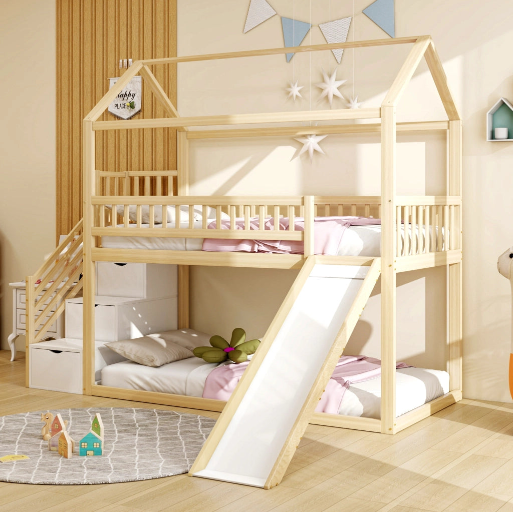 Letto a soppalco 90x200 cm in legno con scivolo e scala