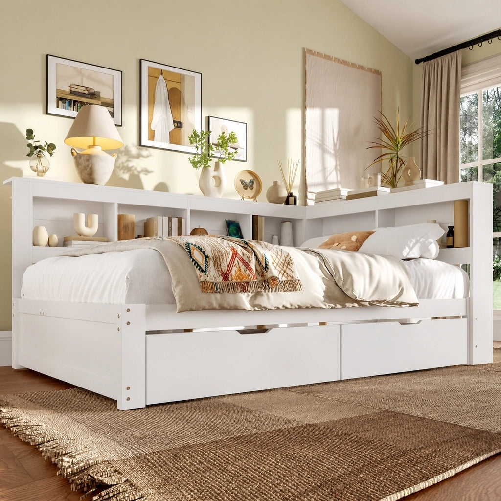 Divano letto 140x200 cm in legno di pino e MDF con due cassetti; prese e porte USB; bianco