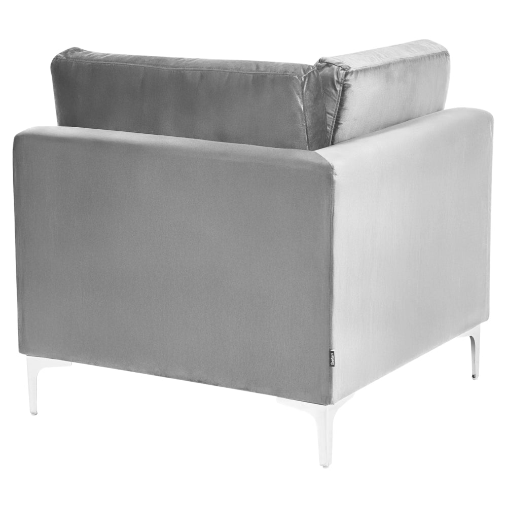 Divano ad angolo componibile versione sinistra a 4 posti in velluto grigio con gambe in metallo argento stile glamour