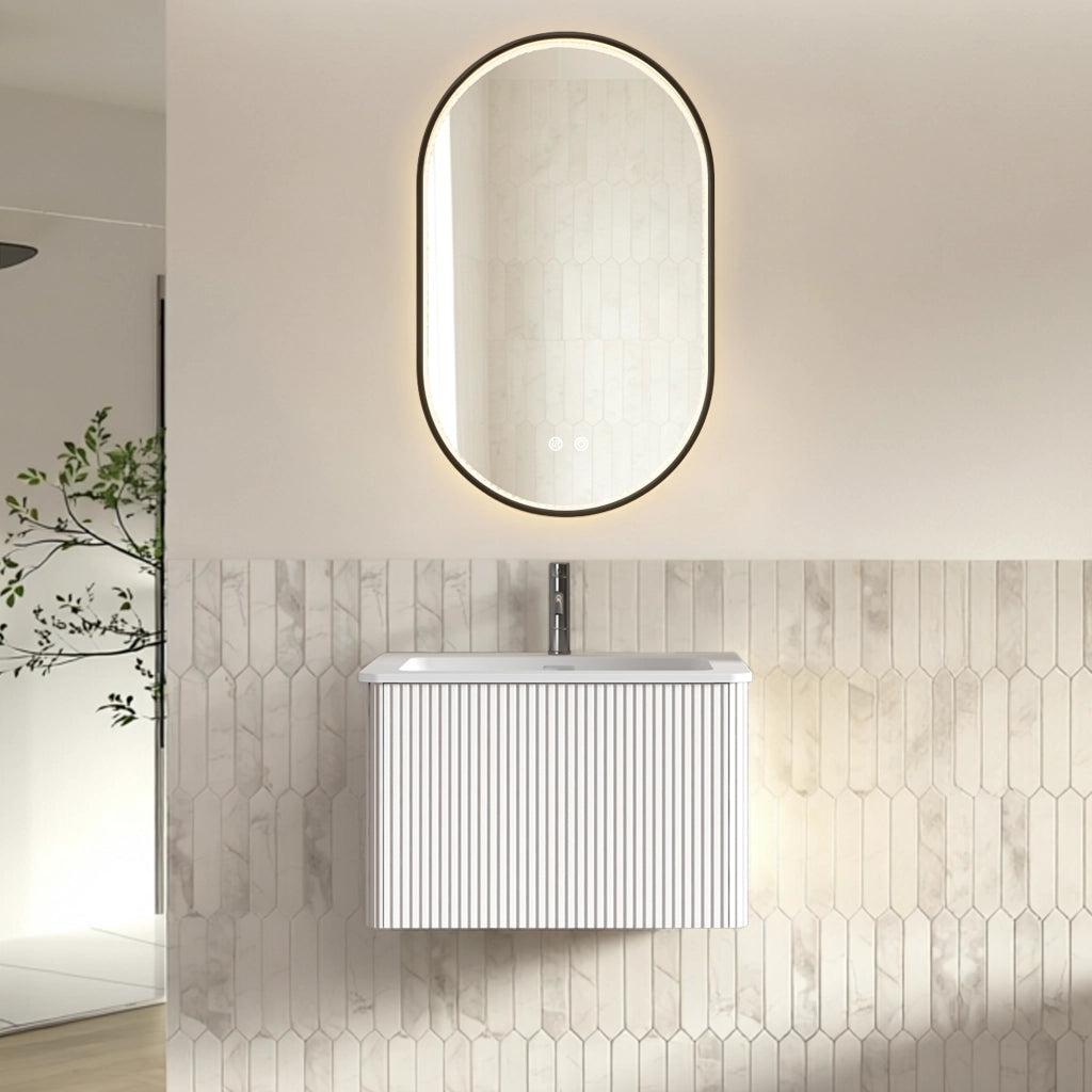 Mobile bagno con specchio LED; lavabo integrato e 1 cassetto; sospeso con antiappannamento; per bagno; bianco