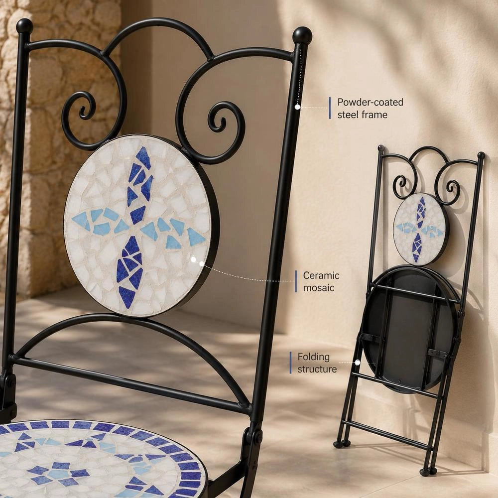 Bistro Chairs, Folding, 2 Pieces, Ceramic, Blue And White