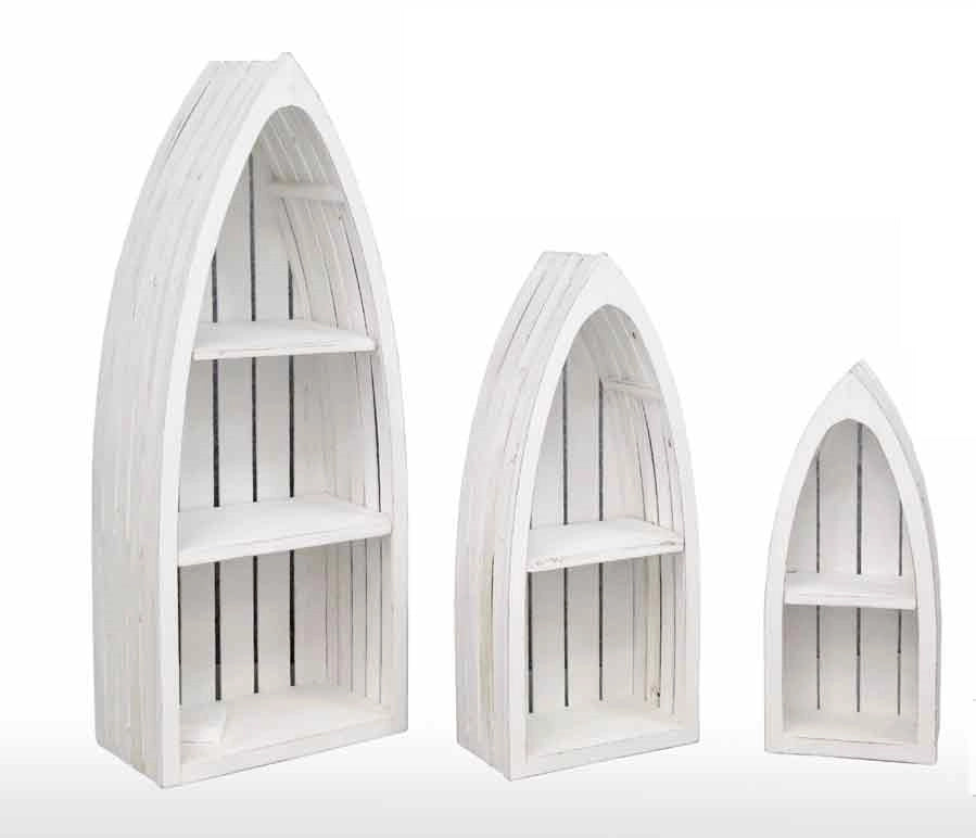 TRIS DI SCAFFALI DECORATIVI A BARCA IN LEGNO SHABBY DI COLORE BIANCO