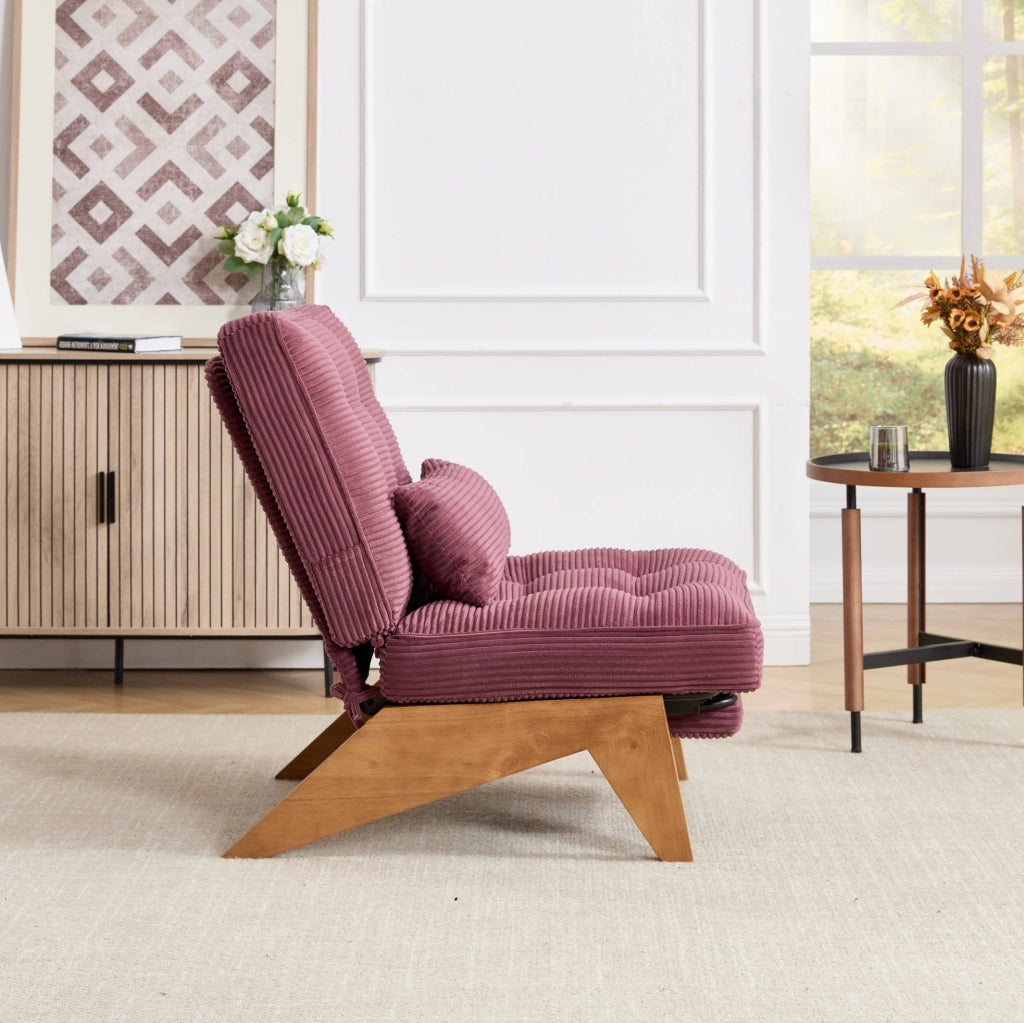 Poltrona lounge reclinabile in velluto a coste; con cuscino lombare; gambe in legno; bordeaux